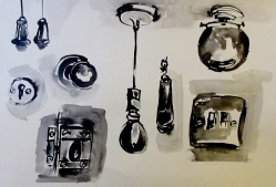 Light fittings, door knobs and the like drawn in ink and wash.