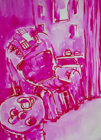 'Harold's Chair in pink ink on paper